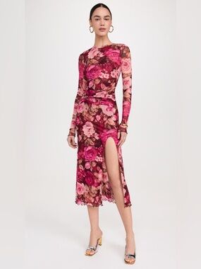 Free People XS Floral Mesh Midi Dress Pink Roses 💐 Ruched Side Slit Bodycon